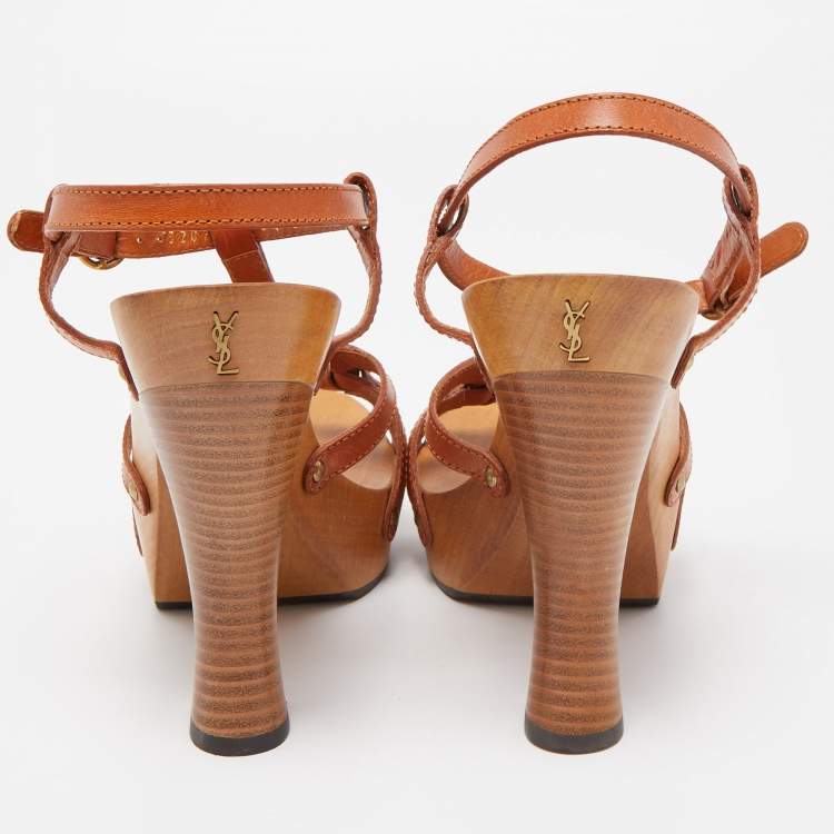 Pre Owned Saint Laurent Brown Leather Platform T strap Sandals Size 39