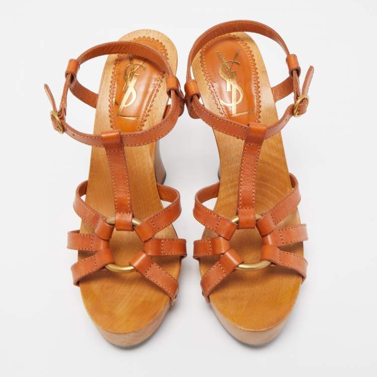Pre Owned Saint Laurent Brown Leather Platform T strap Sandals Size 39