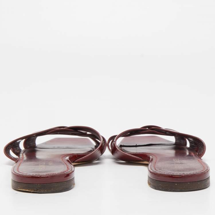 Pre Owned Saint Laurent Burgundy Patent Leather Tribute Flat Slides Size 39.5