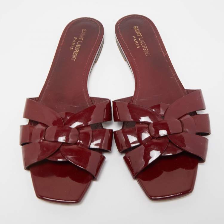 Pre Owned Saint Laurent Burgundy Patent Leather Tribute Flat Slides Size 39.5