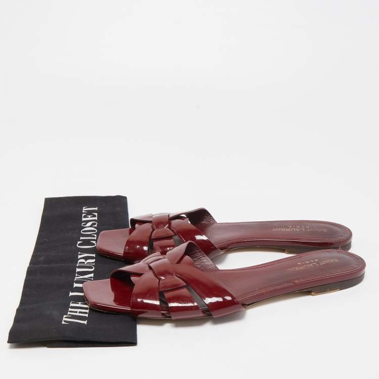 Pre Owned Saint Laurent Burgundy Patent Leather Tribute Flat Slides Size 39.5