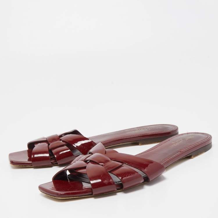 Pre Owned Saint Laurent Burgundy Patent Leather Tribute Flat Slides Size 39.5