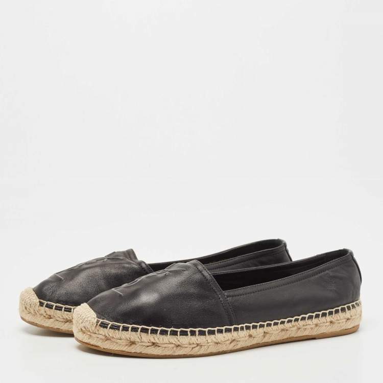 Pre Owned Saint Laurent Black Leather Embossed Logo Espadrille Flats Size 36