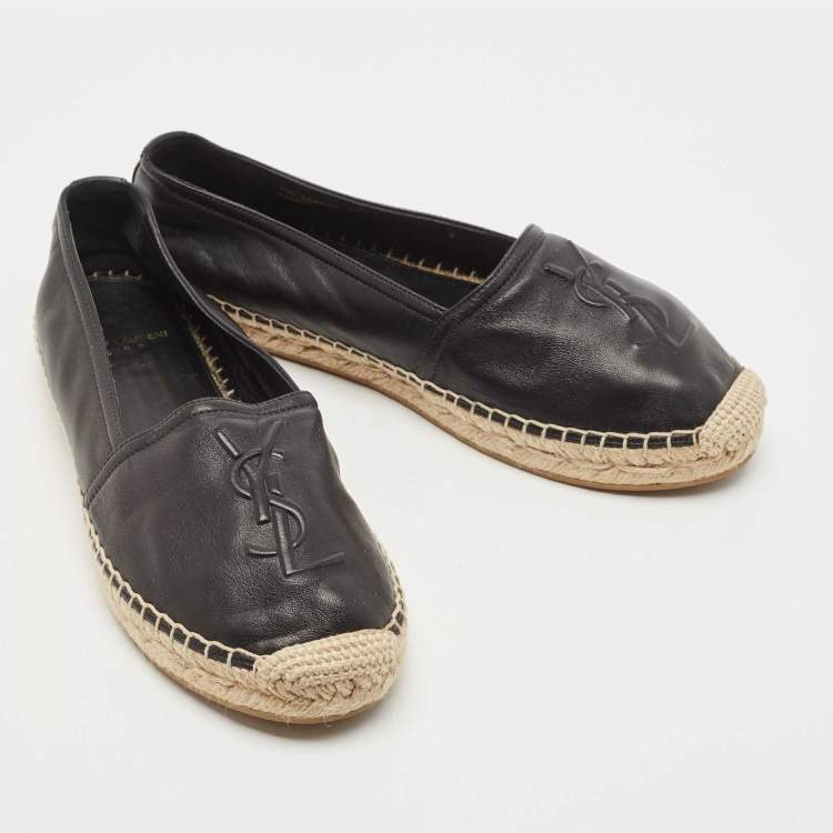 Pre Owned Saint Laurent Black Leather Embossed Logo Espadrille Flats Size 36
