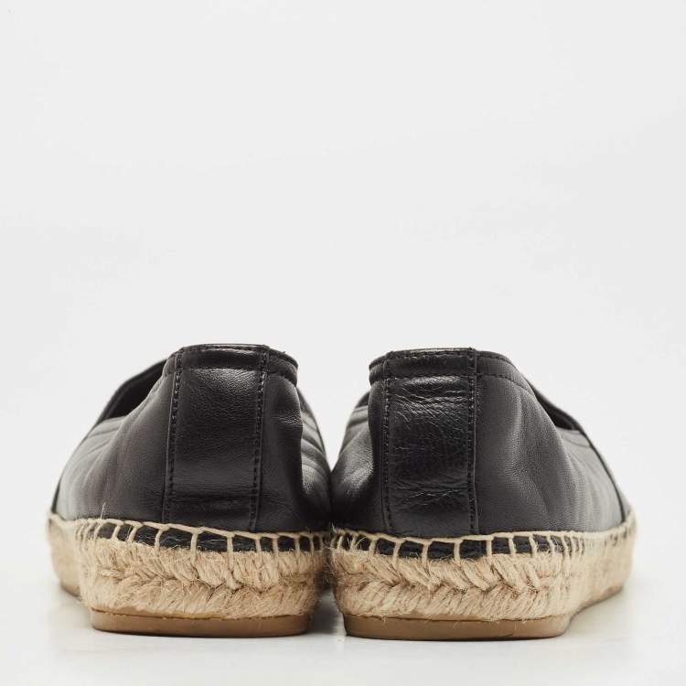 Pre Owned Saint Laurent Black Leather Embossed Logo Espadrille Flats Size 36