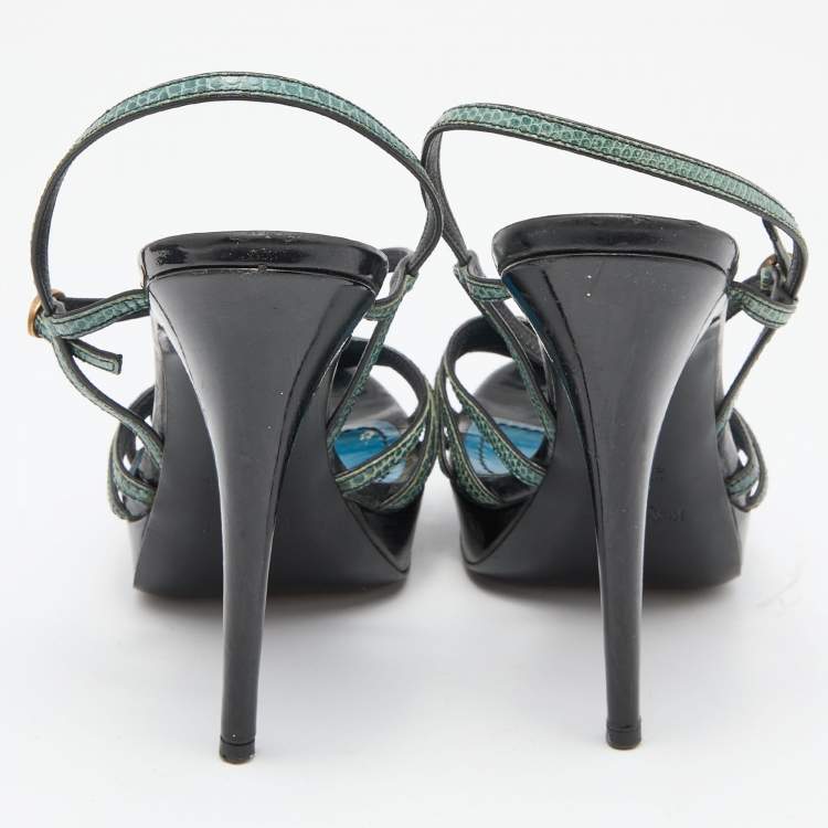 Pre Owned Yves Saint Laurent Green/Black Lizard Strappy Platform Sandals Size 38.5
