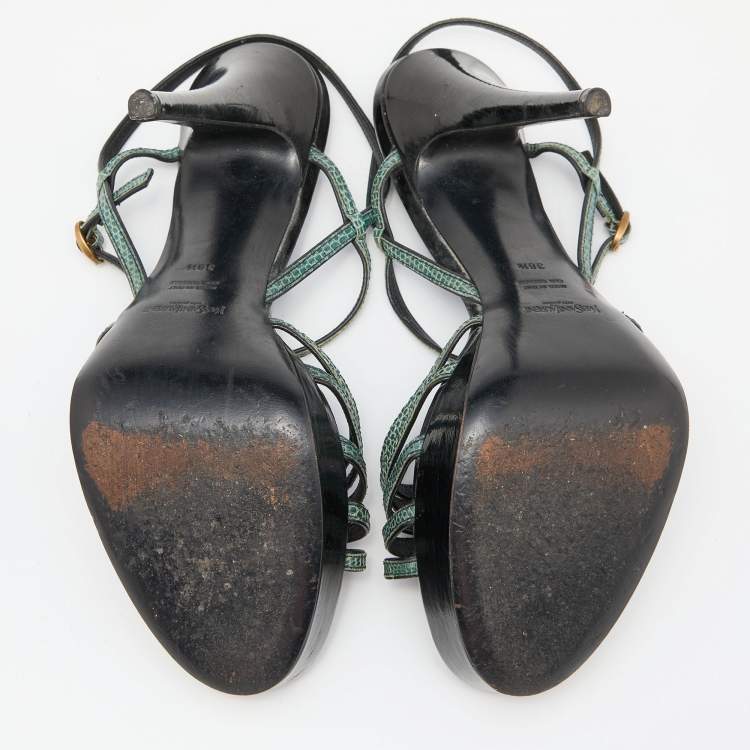 Pre Owned Yves Saint Laurent Green/Black Lizard Strappy Platform Sandals Size 38.5