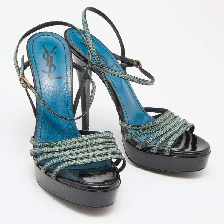 Pre Owned Yves Saint Laurent Green/Black Lizard Strappy Platform Sandals Size 38.5