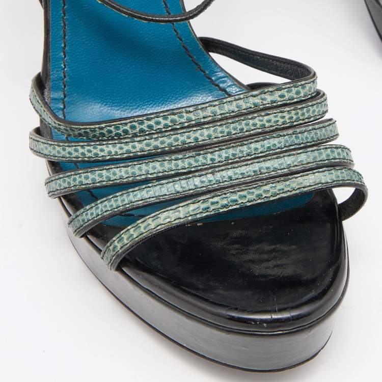 Pre Owned Yves Saint Laurent Green/Black Lizard Strappy Platform Sandals Size 38.5