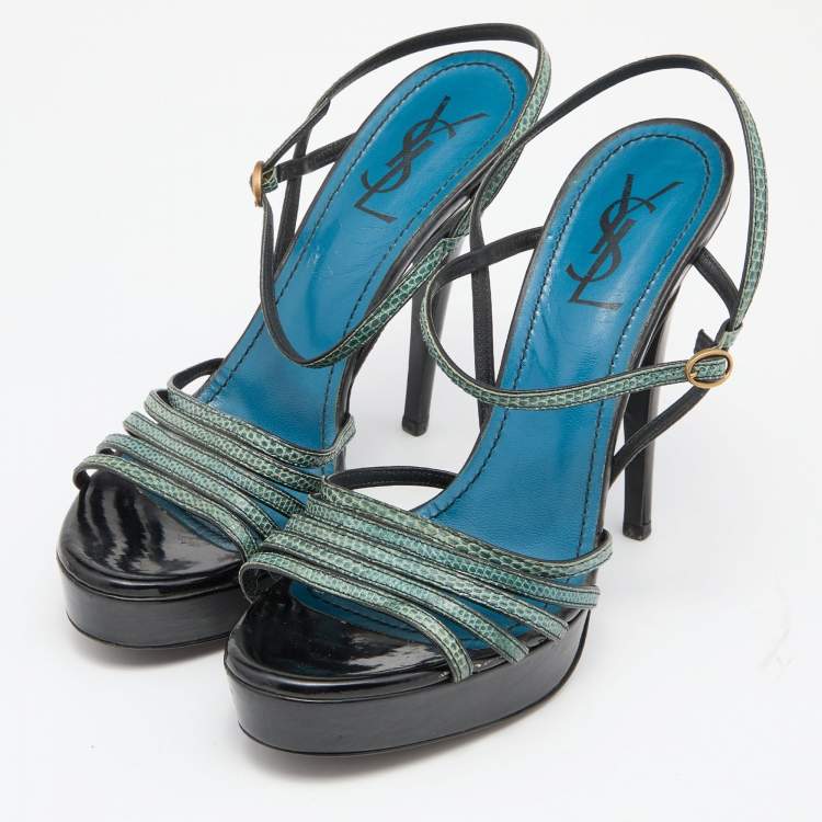 Pre Owned Yves Saint Laurent Green/Black Lizard Strappy Platform Sandals Size 38.5