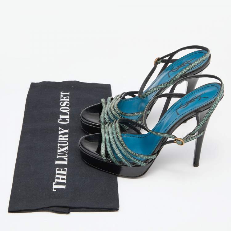 Pre Owned Yves Saint Laurent Green/Black Lizard Strappy Platform Sandals Size 38.5