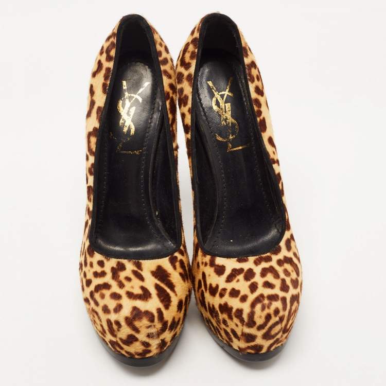 Pre Owned Saint Laurent Brown/Beige Leopard Print Calf Hair Tribtoo Pumps Size 35