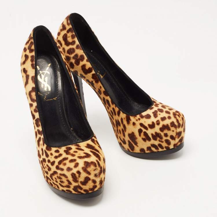 Pre Owned Saint Laurent Brown/Beige Leopard Print Calf Hair Tribtoo Pumps Size 35