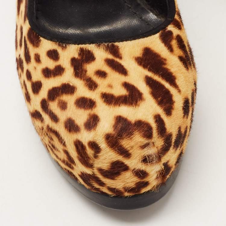 Pre Owned Saint Laurent Brown/Beige Leopard Print Calf Hair Tribtoo Pumps Size 35