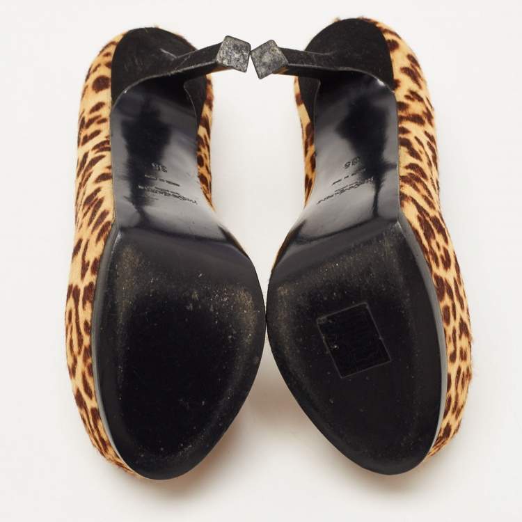 Pre Owned Saint Laurent Brown/Beige Leopard Print Calf Hair Tribtoo Pumps Size 35
