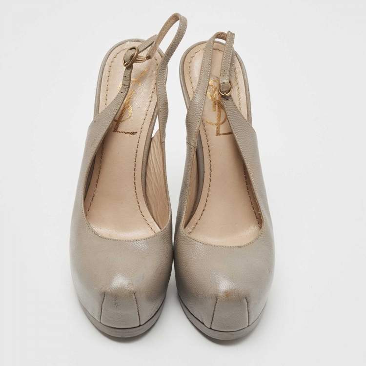 Pre Owned Saint Laurent Grey Leather Tribtoo Platform Slingback Pumps Size 35 
