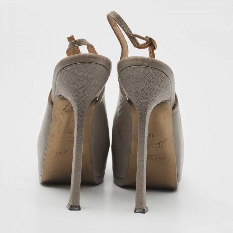 Pre Owned Saint Laurent Grey Leather Tribtoo Platform Slingback Pumps Size 35 