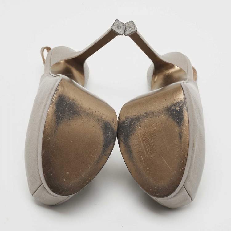 Pre Owned Saint Laurent Grey Leather Tribtoo Platform Slingback Pumps Size 35 