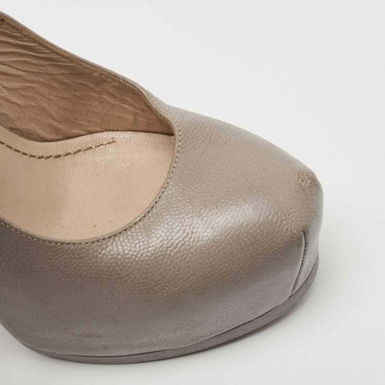 Pre Owned Saint Laurent Grey Leather Tribtoo Platform Slingback Pumps Size 35 