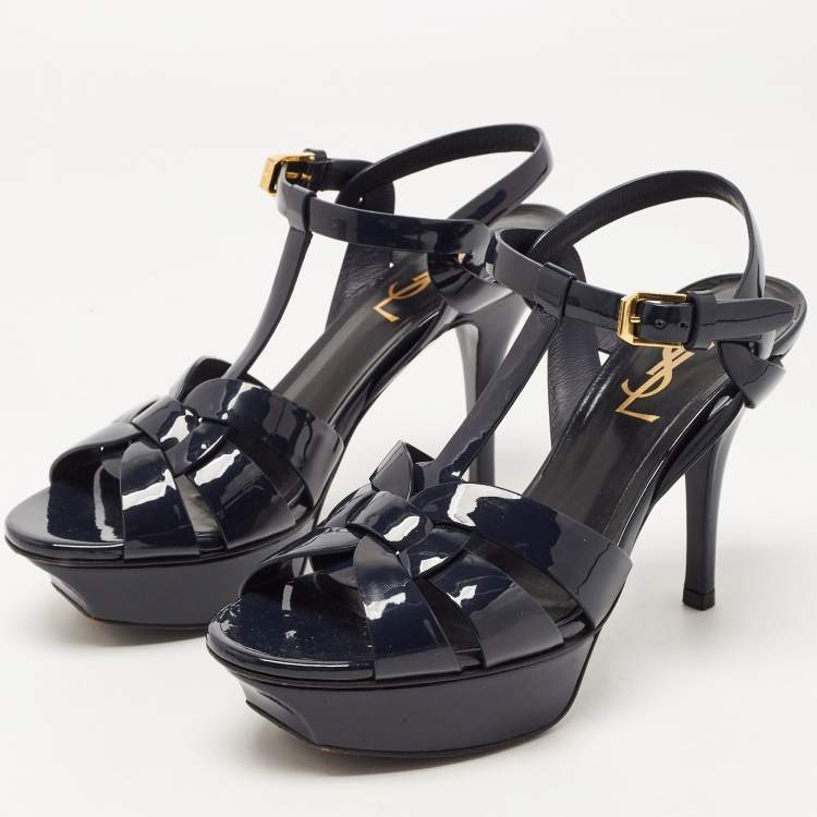 Pre Owned Saint Laurent Navy Blue Patent Leather Tribute Sandals Size 35.5
