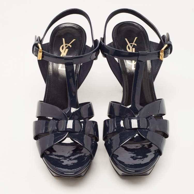 Pre Owned Saint Laurent Navy Blue Patent Leather Tribute Sandals Size 35.5