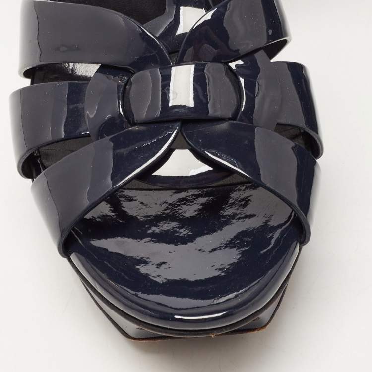 Pre Owned Saint Laurent Navy Blue Patent Leather Tribute Sandals Size 35.5