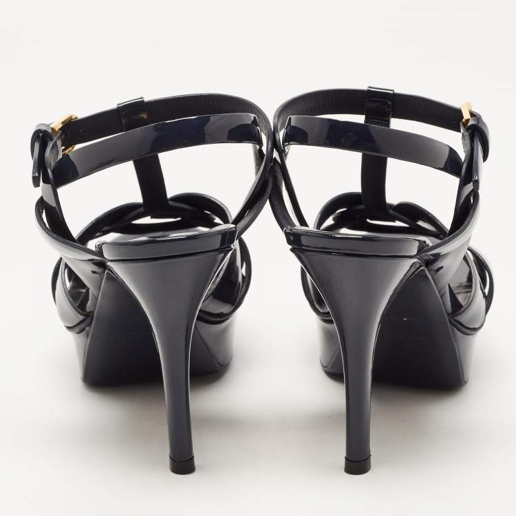 Pre Owned Saint Laurent Navy Blue Patent Leather Tribute Sandals Size 35.5