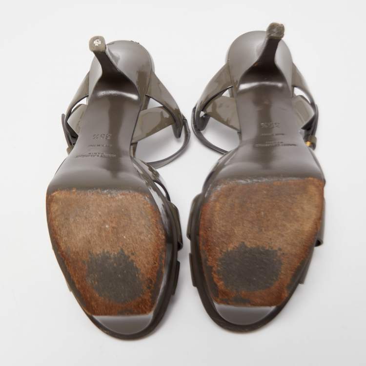 Pre Owned Saint Laurent Grey Patent Leather Tribute Sandals Size 35.5