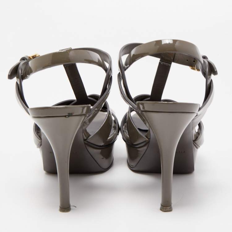 Pre Owned Saint Laurent Grey Patent Leather Tribute Sandals Size 35.5