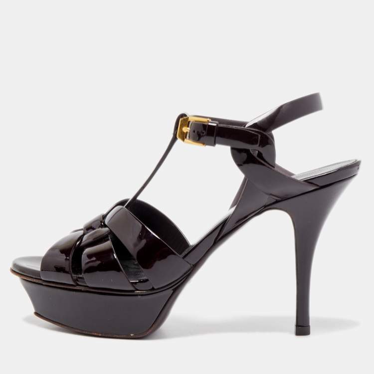 Pre Owned Saint Laurent Burgundy Patent Leather Tribute Sandals Size 35.5