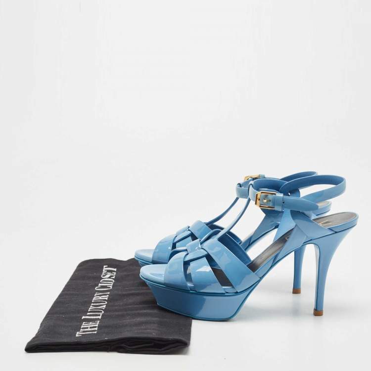 Pre Owned Saint Laurent Blue Patent Leather Tribute Sandals Size 35.5