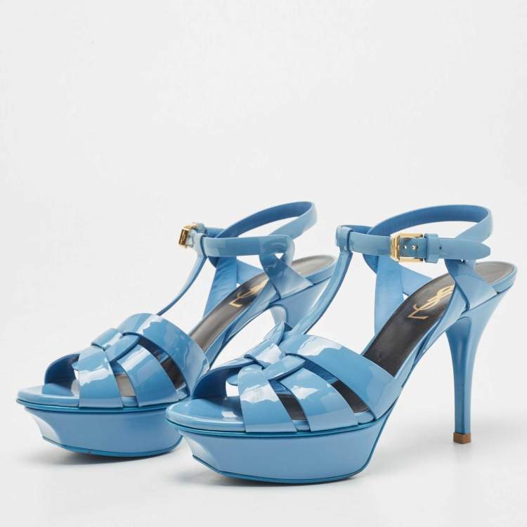 Pre Owned Saint Laurent Blue Patent Leather Tribute Sandals Size 35.5