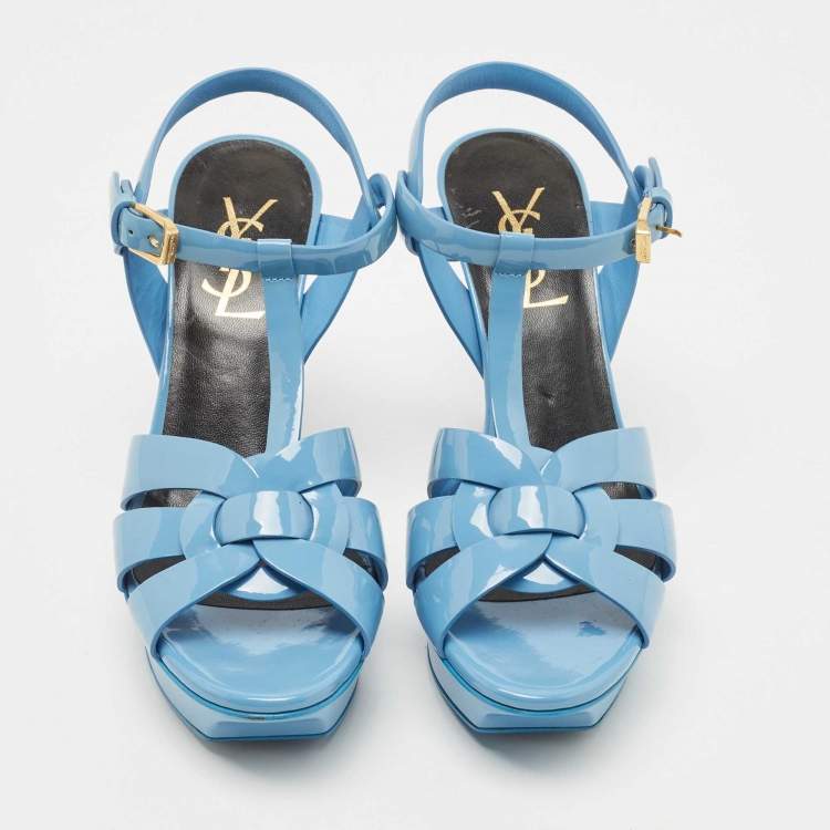 Pre Owned Saint Laurent Blue Patent Leather Tribute Sandals Size 35.5