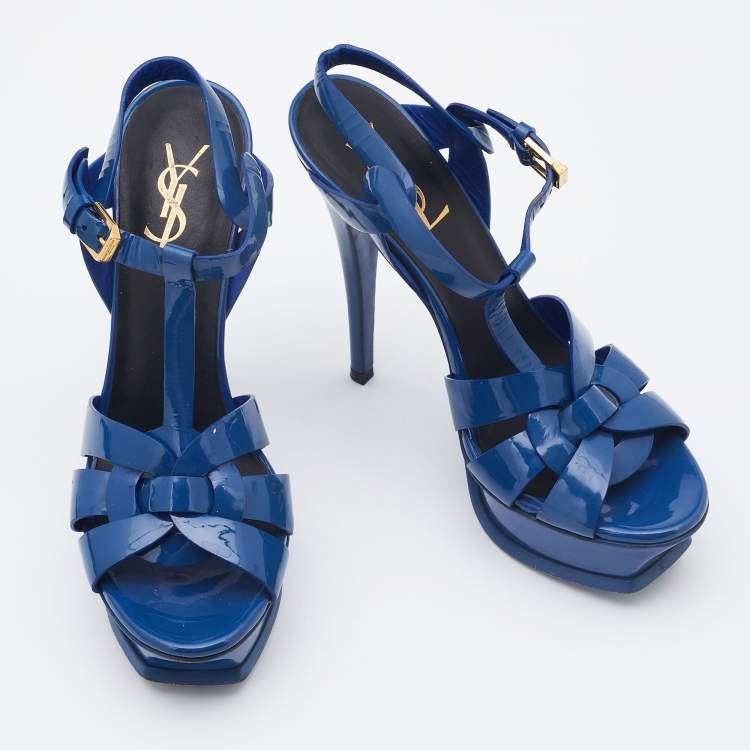 Pre Owned Saint Laurent Blue Patent Leather Tribute Platform Sandals Size 36.5 