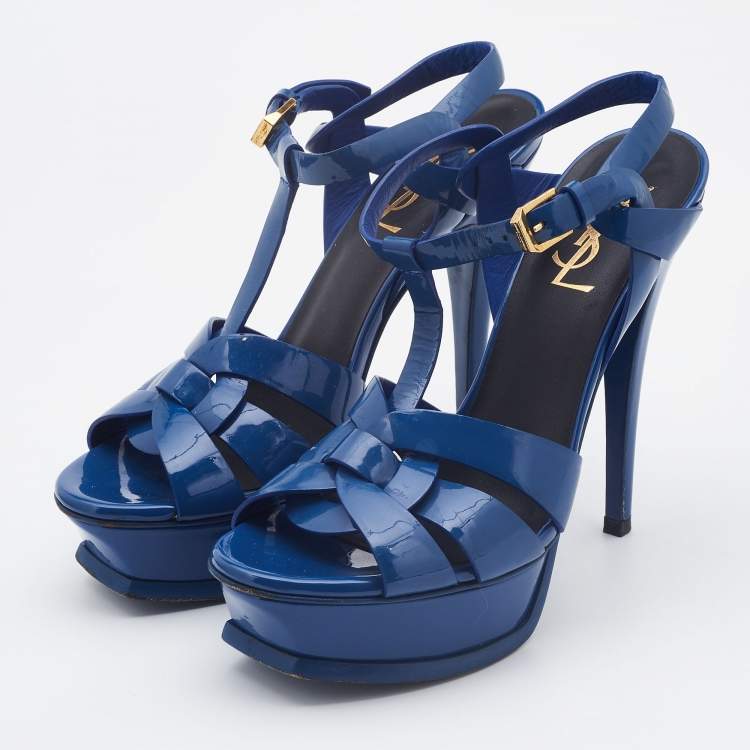 Pre Owned Saint Laurent Blue Patent Leather Tribute Platform Sandals Size 36.5 