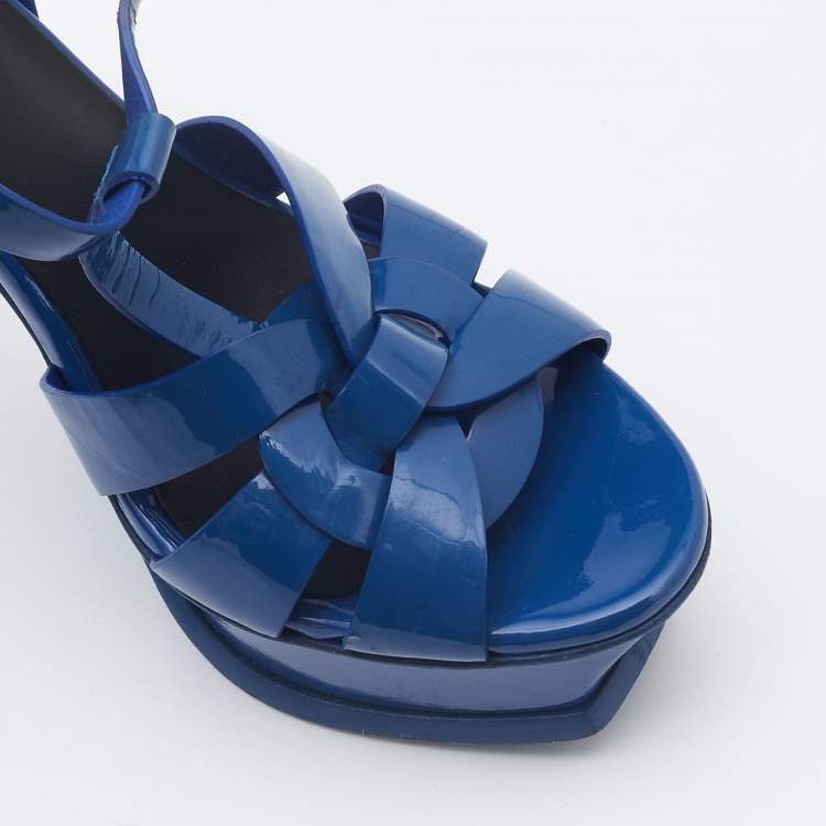 Pre Owned Saint Laurent Blue Patent Leather Tribute Platform Sandals Size 36.5 