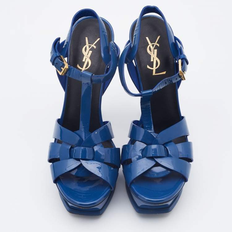 Pre Owned Saint Laurent Blue Patent Leather Tribute Platform Sandals Size 36.5 