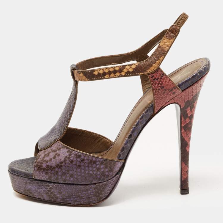 Pre Owned Saint Laurent Multicolor Python Leather Slingback Platform  Sandals Size 38