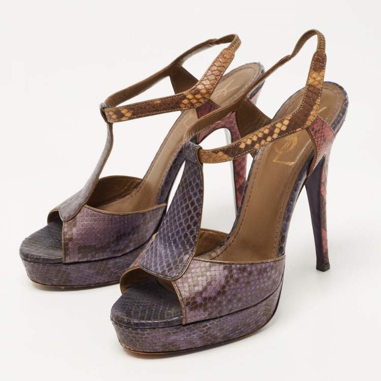 Pre Owned Saint Laurent Multicolor Python Leather Slingback Platform  Sandals Size 38