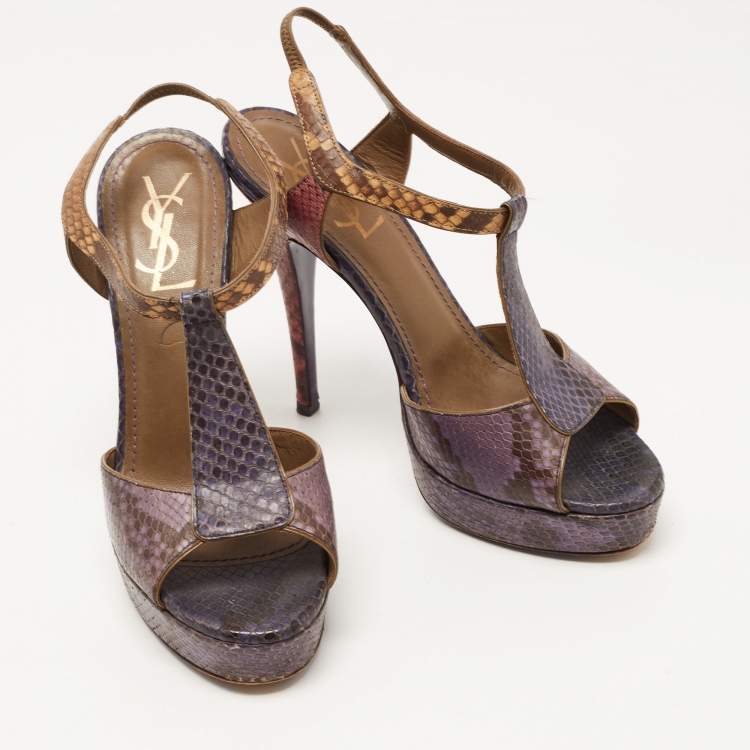 Pre Owned Saint Laurent Multicolor Python Leather Slingback Platform  Sandals Size 38