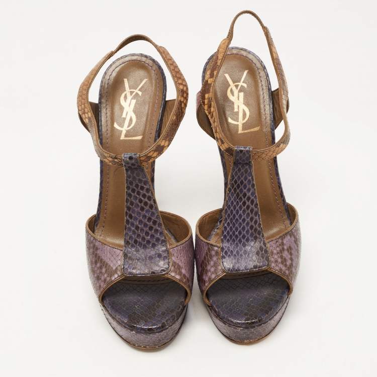 Pre Owned Saint Laurent Multicolor Python Leather Slingback Platform  Sandals Size 38