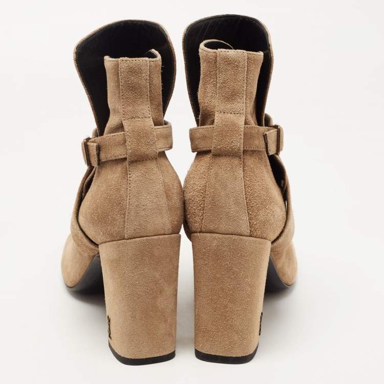 Pre Owned Saint Laurent Brown Suede Cross Strap Buckle Ankle Boots Size 37.5