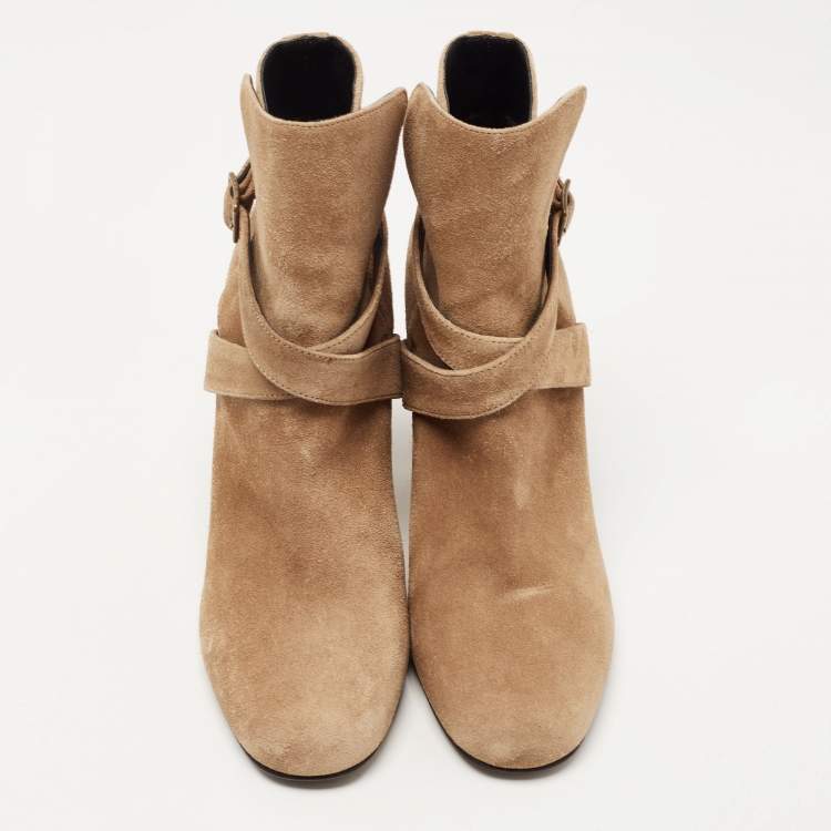 Pre Owned Saint Laurent Brown Suede Cross Strap Buckle Ankle Boots Size 37.5