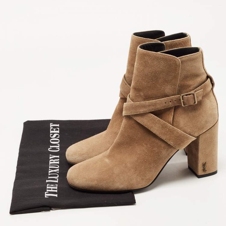 Pre Owned Saint Laurent Brown Suede Cross Strap Buckle Ankle Boots Size 37.5