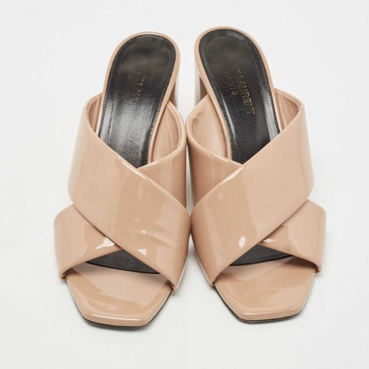 Pre Owned Saint Laurent Beige Patent Leather Loulou Sandals Size 38