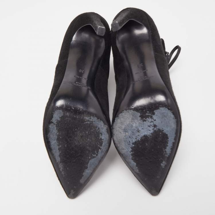Pre Owned Saint Laurent Black Suede Pointed Toe Wrap Ankle Boots Size 38