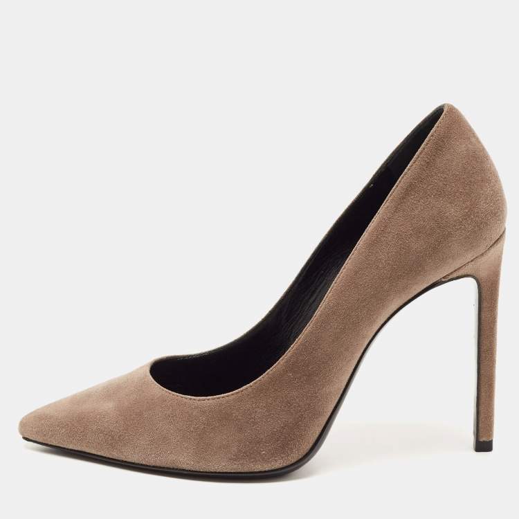 Pre Owned Saint Laurent Grey Suede Pointed Toe Platform Pumps Size 37