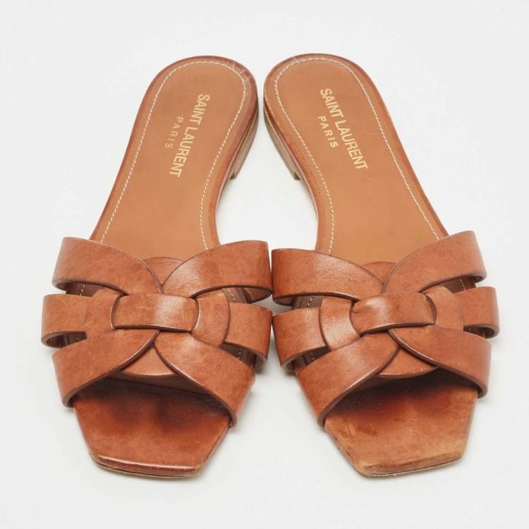 Pre Owned Saint Laurent Tan Leather Tribute Flat Slides Size 37