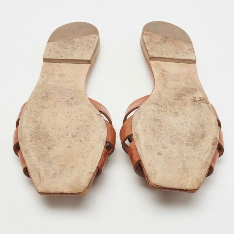 Pre Owned Saint Laurent Tan Leather Tribute Flat Slides Size 37