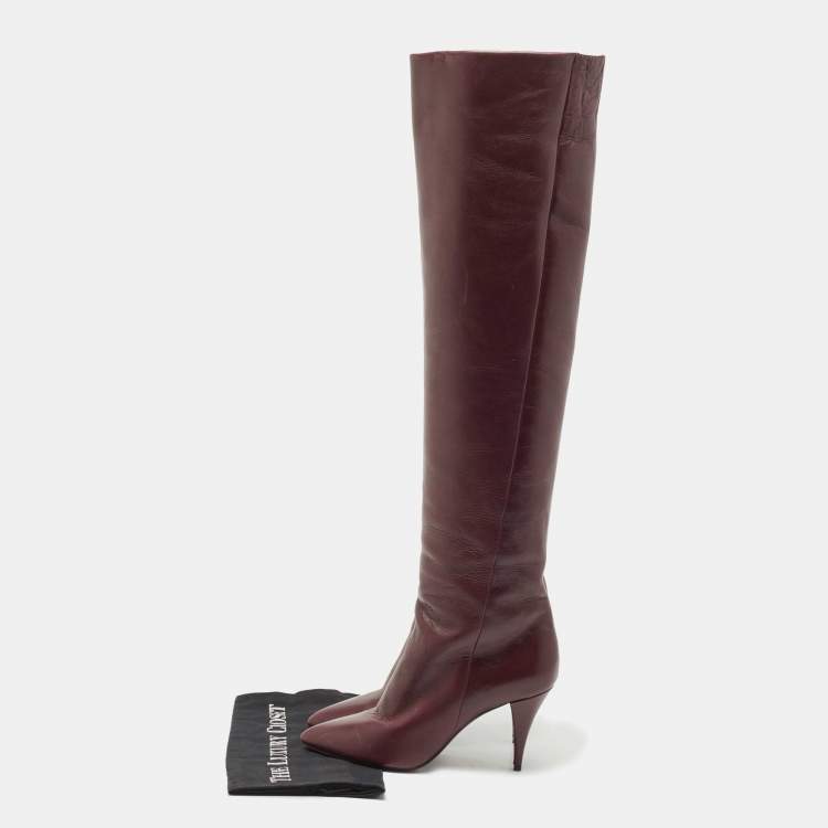 Pre Owned Saint Laurent Purple Leather Knee Length Boots Size 38
